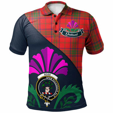 Scottish Ross Clan Crest Tartan Polo Shirt - Scotland Thistle Style Front Side Tartan Plaid