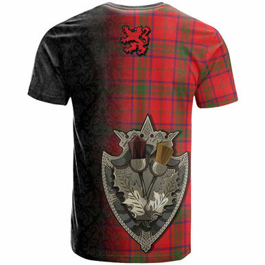 Scottish Ross Clan Crest Tartan T-Shirt - Half Thistle Flowers Celtic Design Back Side Tartan Plaid