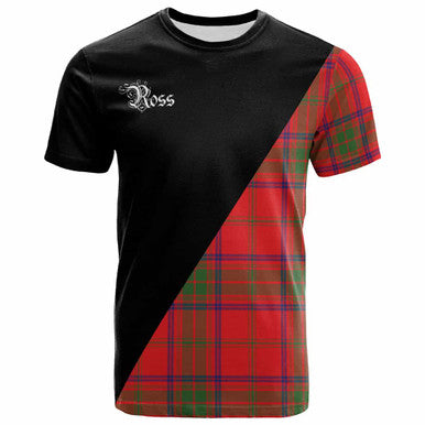 Scottish Ross Clan Crest Tartan T-Shirt - Military Logo Front Side Tartan Plaid