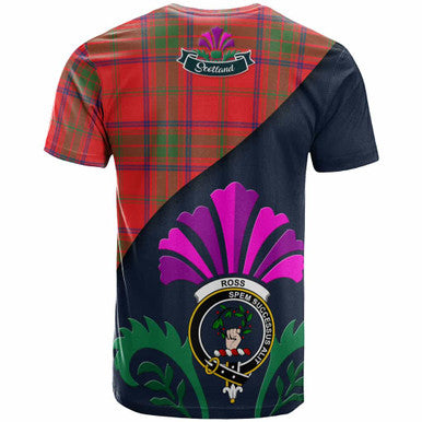 Scottish Ross Clan Crest Tartan T-Shirt - Scotland Thistle Style Back Side Tartan Plaid