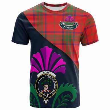 Scottish Ross Clan Crest Tartan T-Shirt - Scotland Thistle Style Front Side Tartan Plaid