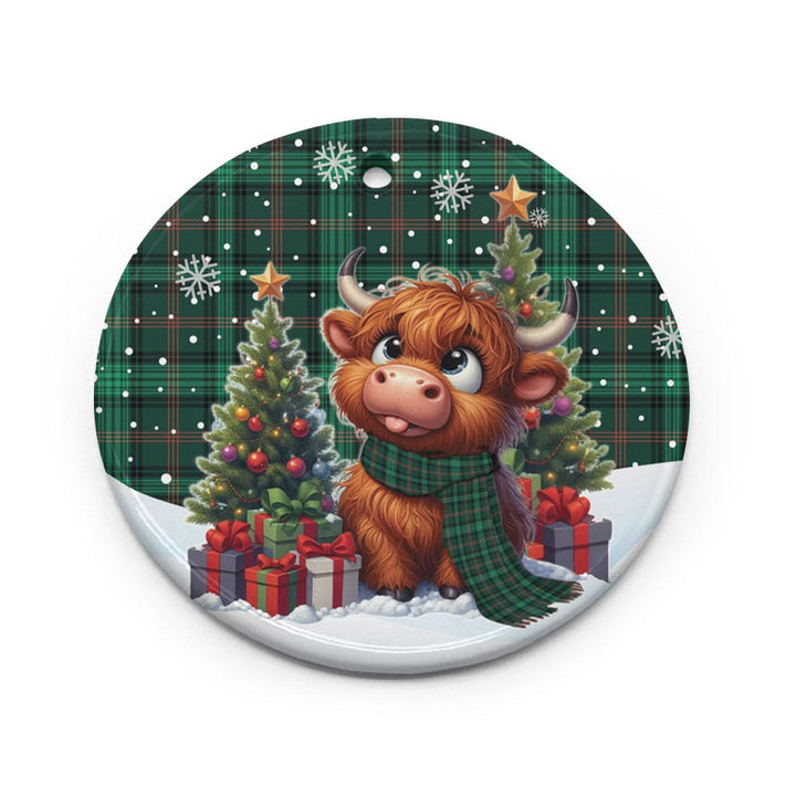 Scottish Ross Hunting Modern Clan Tartan Ceramic Ornament Cute Highland Cow Christmas Circle Style Tartan Plaid