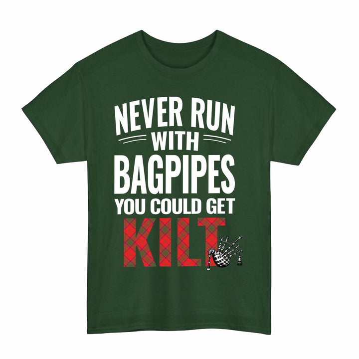 Scottish Ross Modern Clan Tartan Never Run With Bagpipes T-Shirt Tartan Plaid Forest Green Color