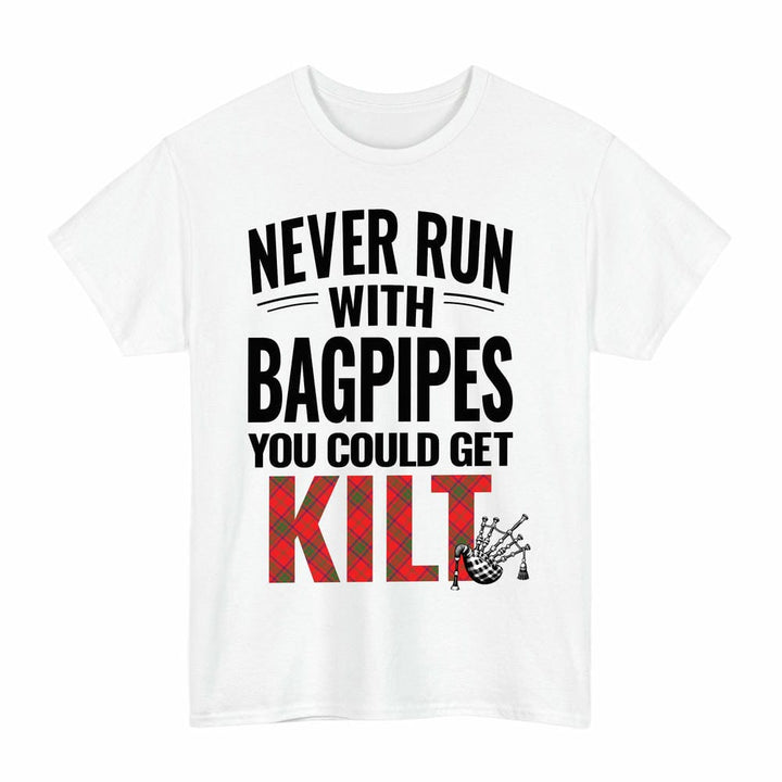 Scottish Ross Modern Clan Tartan Never Run With Bagpipes T-Shirt Tartan Plaid White Color