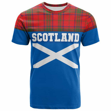 Scottish Ross Modern Clan Tartan T-Shirt - Lion Rampant of Scotland With Flag Front Side Tartan Plaid