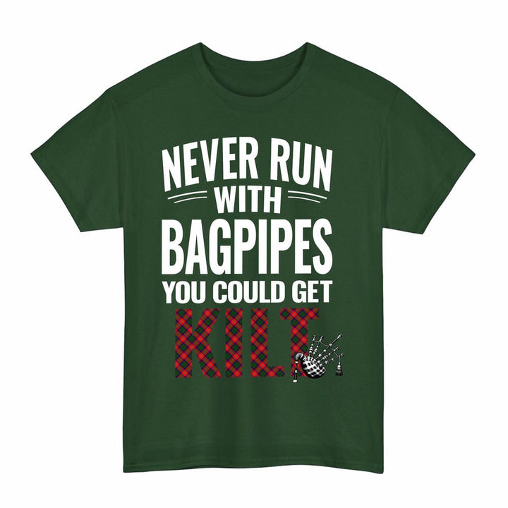Scottish Roxburgh District Clan Tartan Never Run With Bagpipes T-Shirt Tartan Plaid Forest Green Color