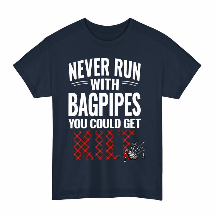 Scottish Roxburgh District Clan Tartan Never Run With Bagpipes T-Shirt Tartan Plaid Navy Color