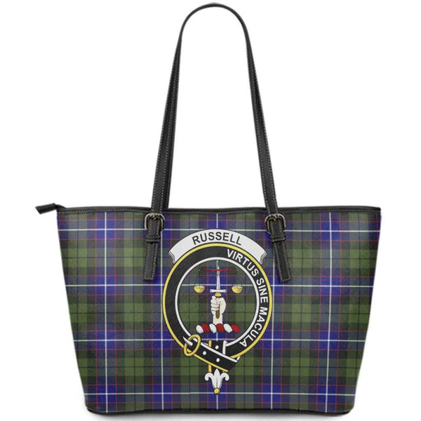 Scottish Russell Clan Crest Tartan Leather Tote Tartan Plaid