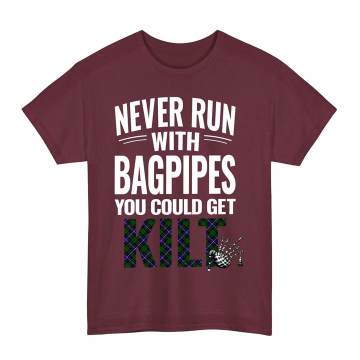 Scottish Russell Modern Clan Tartan Never Run With Bagpipes T-Shirt Tartan Plaid Maroon Color