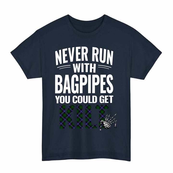 Scottish Russell Modern Clan Tartan Never Run With Bagpipes T-Shirt Tartan Plaid Navy Color