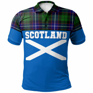 Scottish Russell Modern Clan Tartan Polo Shirt - Lion Rampant of Scotland With Flag Front Side Tartan Plaid
