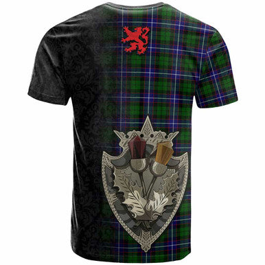 Scottish Russell Modern Clan Tartan T-Shirt - Half Thistle Flowers Celtic Design Back Side Tartan Plaid