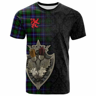 Scottish Russell Modern Clan Tartan T-Shirt - Half Thistle Flowers Celtic Design Front Side Tartan Plaid