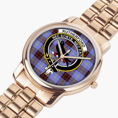 Scottish Rutherford Clan Crest Tartan Folding Clasp Steel Quartz Watches Tartan Plaid Rose Gold 2