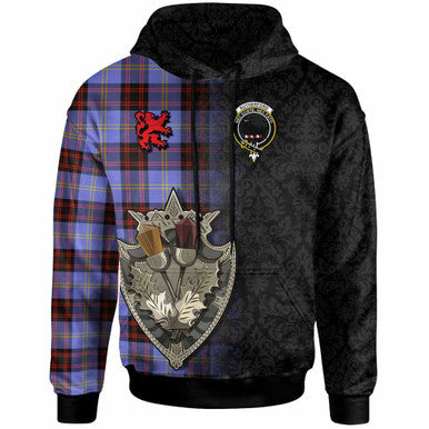 Scottish Rutherford Clan Crest Tartan Hoodie - Half Thistle Flowers Celtic Design Front Side Tartan Plaid