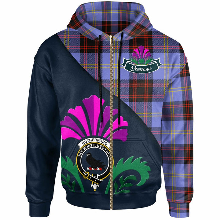 Scottish Rutherford Clan Crest Tartan Hoodie - Scotland Thistle Style Zip-up Tartan Plaid