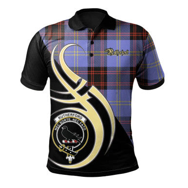 Scottish Rutherford Clan Crest Tartan Polo Shirt Believe in Me Front Side Tartan Plaid
