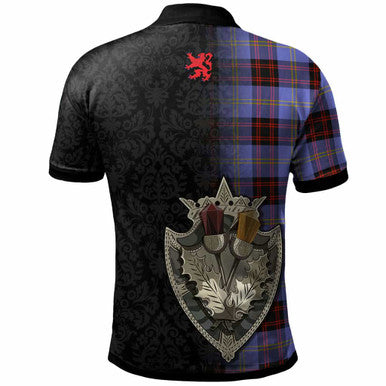 Scottish Rutherford Clan Crest Tartan Polo Shirt - Half Thistle Flowers Celtic Design Back Side Tartan Plaid