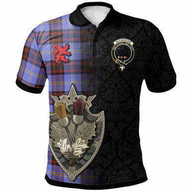 Scottish Rutherford Clan Crest Tartan Polo Shirt - Half Thistle Flowers Celtic Design Front Side Tartan Plaid