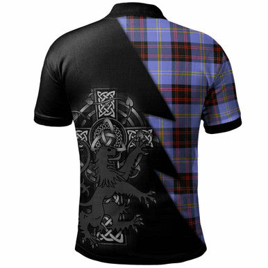 Scottish Rutherford Clan Crest Tartan Polo Shirt - Lion Rampant Celtic Cross Flash Style Back Side Tartan Plaid