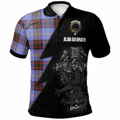 Scottish Rutherford Clan Crest Tartan Polo Shirt - Lion Rampant Celtic Cross Flash Style Front Side Tartan Plaid