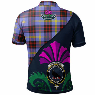 Scottish Rutherford Clan Crest Tartan Polo Shirt - Scotland Thistle Style Back Side Tartan Plaid