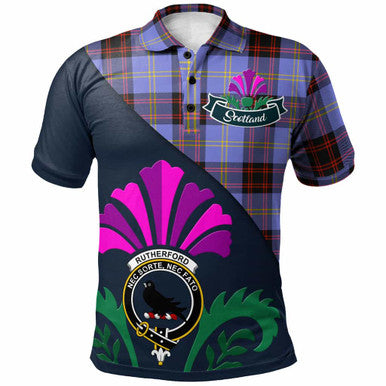 Scottish Rutherford Clan Crest Tartan Polo Shirt - Scotland Thistle Style Front Side Tartan Plaid