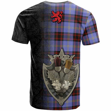 Scottish Rutherford Clan Crest Tartan T-Shirt - Half Thistle Flowers Celtic Design Back Side Tartan Plaid