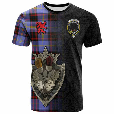 Scottish Rutherford Clan Crest Tartan T-Shirt - Half Thistle Flowers Celtic Design Front Side Tartan Plaid