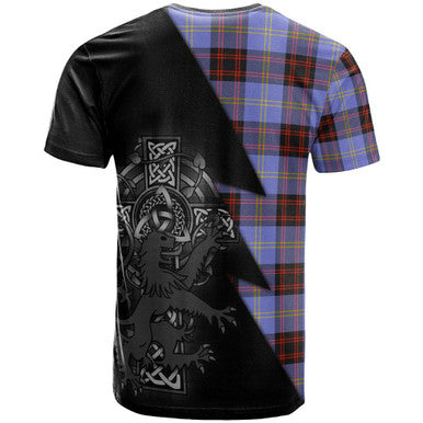 Scottish Rutherford Clan Crest Tartan T-Shirt - Lion Rampant Celtic Cross Flash Style Back Side Tartan Plaid