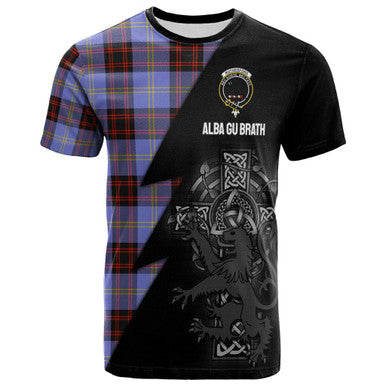 Scottish Rutherford Clan Crest Tartan T-Shirt - Lion Rampant Celtic Cross Flash Style Front Side Tartan Plaid
