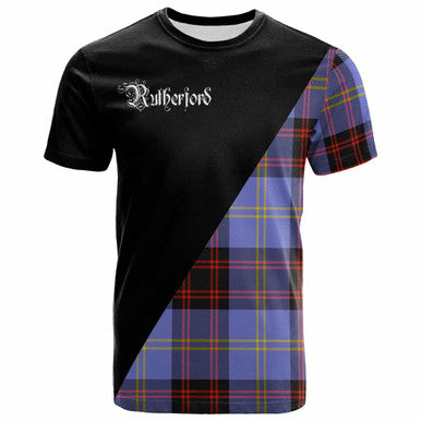 Scottish Rutherford Clan Crest Tartan T-Shirt - Military Logo Front Side Tartan Plaid