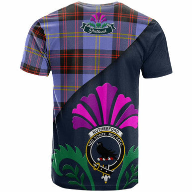 Scottish Rutherford Clan Crest Tartan T-Shirt - Scotland Thistle Style Back Side Tartan Plaid