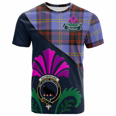 Scottish Rutherford Clan Crest Tartan T-Shirt - Scotland Thistle Style Front Side Tartan Plaid