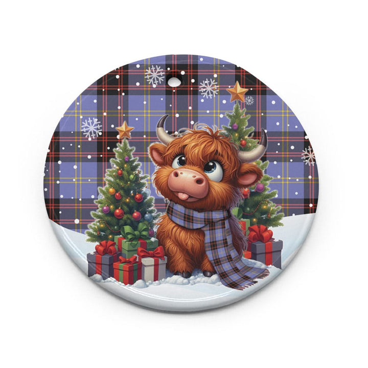 Scottish Rutherford Clan Tartan Ceramic Ornament Cute Highland Cow Christmas Circle Style Tartan Plaid