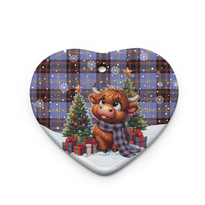 Scottish Rutherford Clan Tartan Ceramic Ornament Cute Highland Cow Christmas Heart Style Tartan Plaid