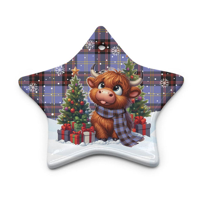 Scottish Rutherford Clan Tartan Ceramic Ornament Cute Highland Cow Christmas Star Style Tartan Plaid