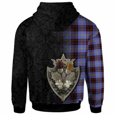 Scottish Rutherford Clan Tartan Hoodie - Half Thistle Flowers Celtic Design Back Side Tartan Plaid