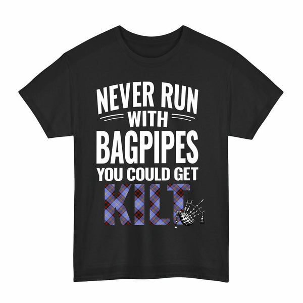 Scottish Rutherford Clan Tartan Never Run With Bagpipes T-Shirt Tartan Plaid Black Color