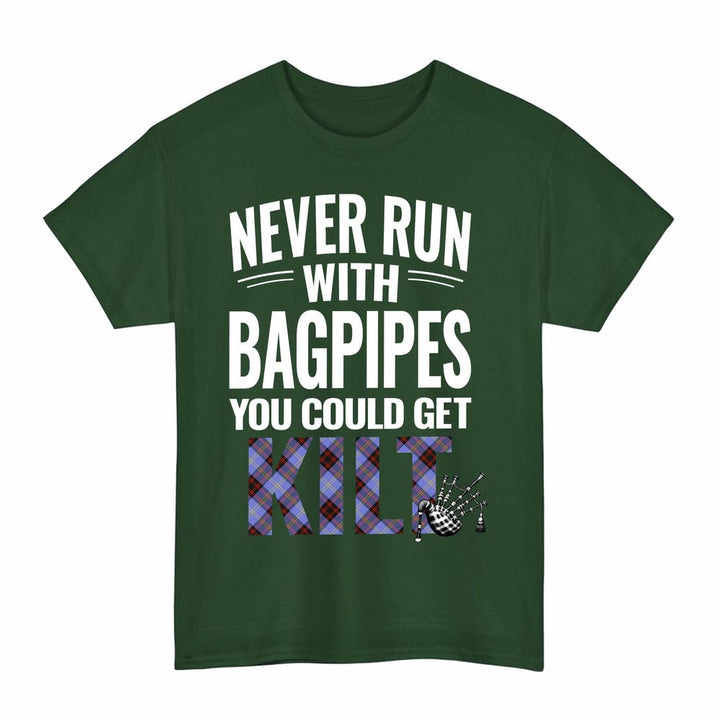 Scottish Rutherford Clan Tartan Never Run With Bagpipes T-Shirt Tartan Plaid Forest Green Color
