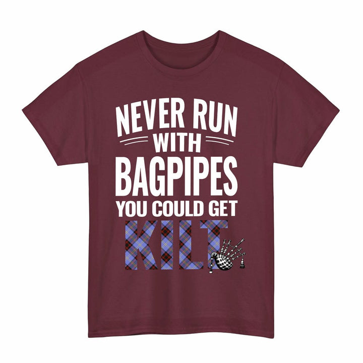 Scottish Rutherford Clan Tartan Never Run With Bagpipes T-Shirt Tartan Plaid Maroon Color