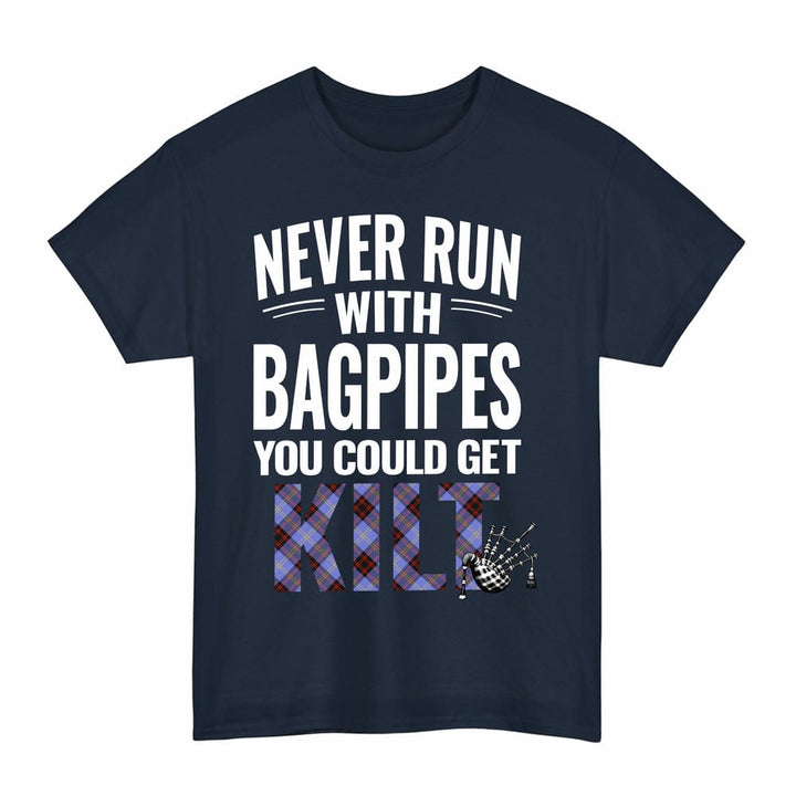 Scottish Rutherford Clan Tartan Never Run With Bagpipes T-Shirt Tartan Plaid Navy Color
