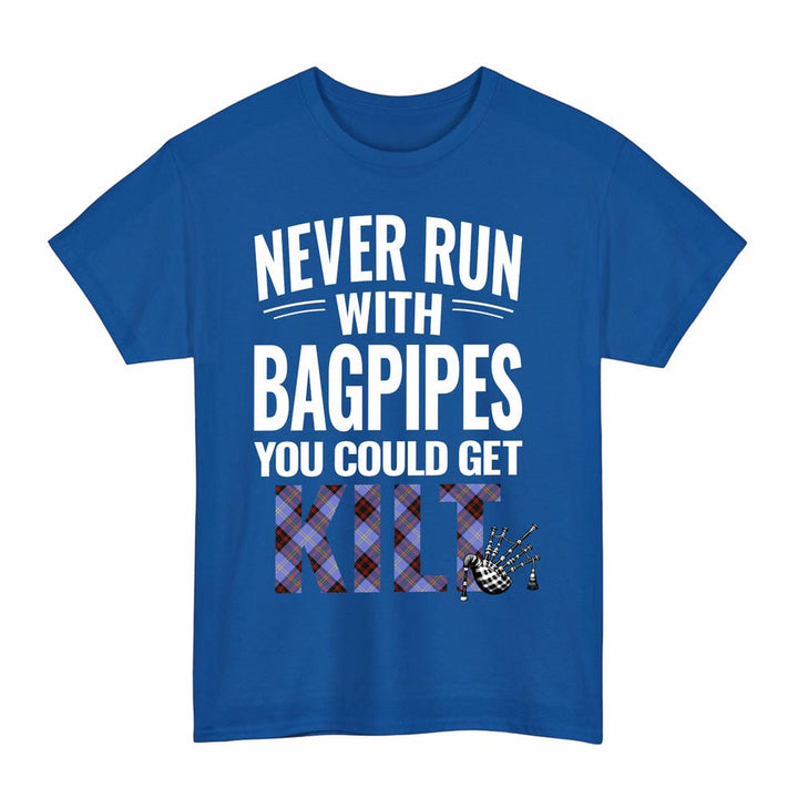 Scottish Rutherford Clan Tartan Never Run With Bagpipes T-Shirt Tartan Plaid Royal Color