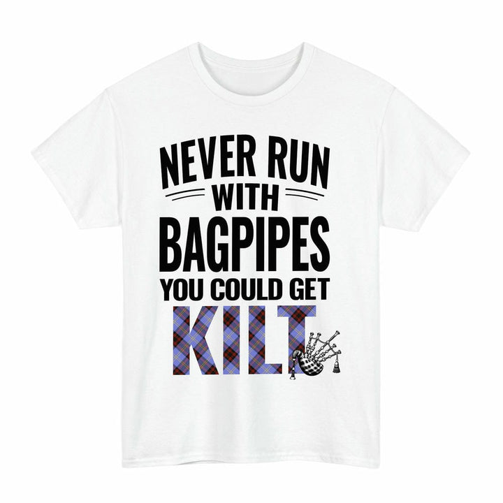 Scottish Rutherford Clan Tartan Never Run With Bagpipes T-Shirt Tartan Plaid White Color