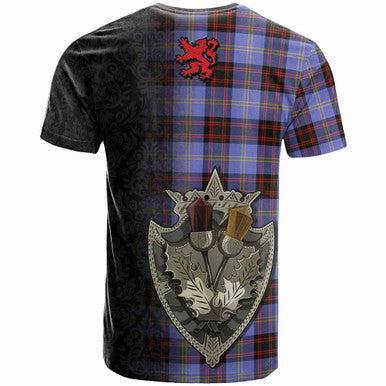 Scottish Rutherford Clan Tartan T-Shirt - Half Thistle Flowers Celtic Design Back Side Tartan Plaid
