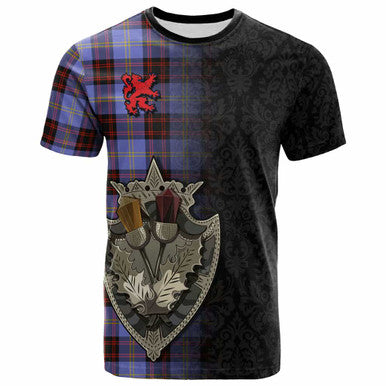 Scottish Rutherford Clan Tartan T-Shirt - Half Thistle Flowers Celtic Design Front Side Tartan Plaid