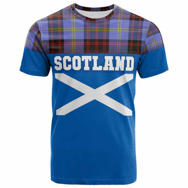 Scottish Rutherford Clan Tartan T-Shirt - Lion Rampant of Scotland With Flag Front Side Tartan Plaid