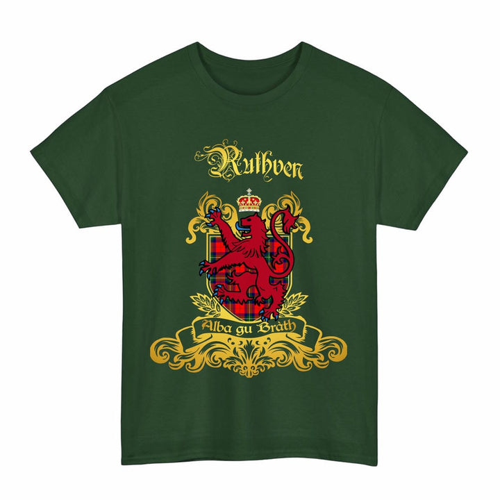 Scottish Ruthven Clan Tartan Lion Rampant of Scotland T-Shirt Tartan Plaid Forest Green Color
