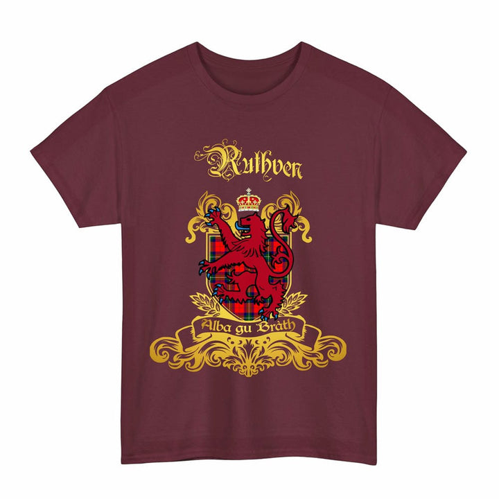 Scottish Ruthven Clan Tartan Lion Rampant of Scotland T-Shirt Tartan Plaid Maroon Color