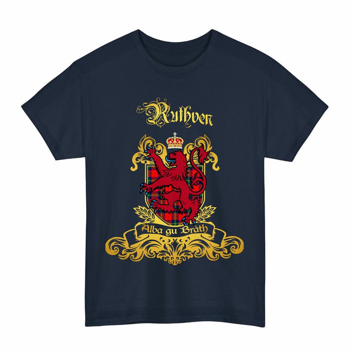 Scottish Ruthven Clan Tartan Lion Rampant of Scotland T-Shirt Tartan Plaid Navy Color